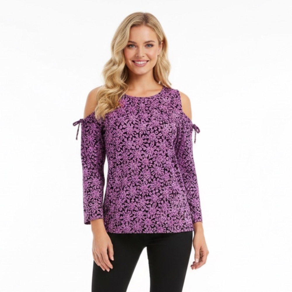 Michael Kors Cold Shoulder Long Sleeve Pink Black Blouse Size Large